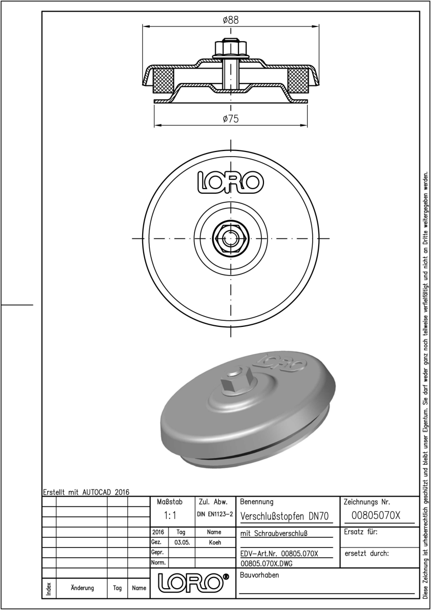 Loro-X Endkappe m.Schraubverschluss - DN 70  00805.070X